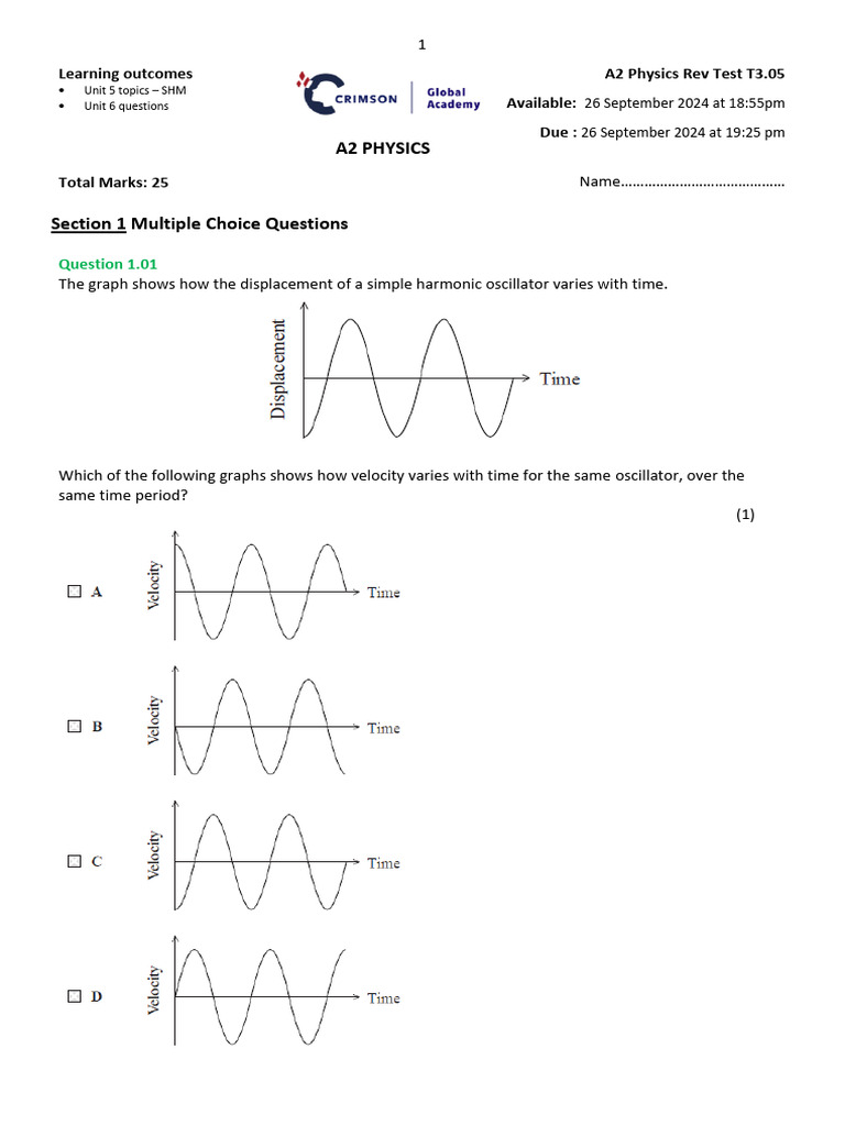2024 A2 Physics Rev Test T3.5 Qns | PDF | Oscillation | Pendulum