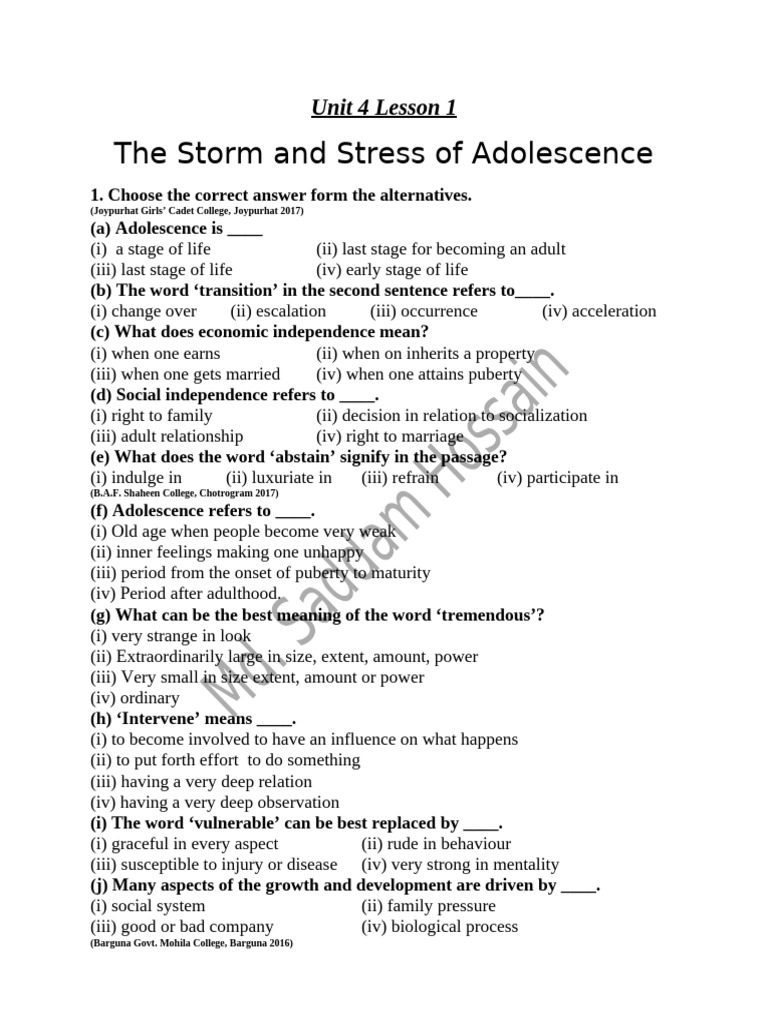 Unit 4 Lesson 1 | PDF | Adolescence | Adults