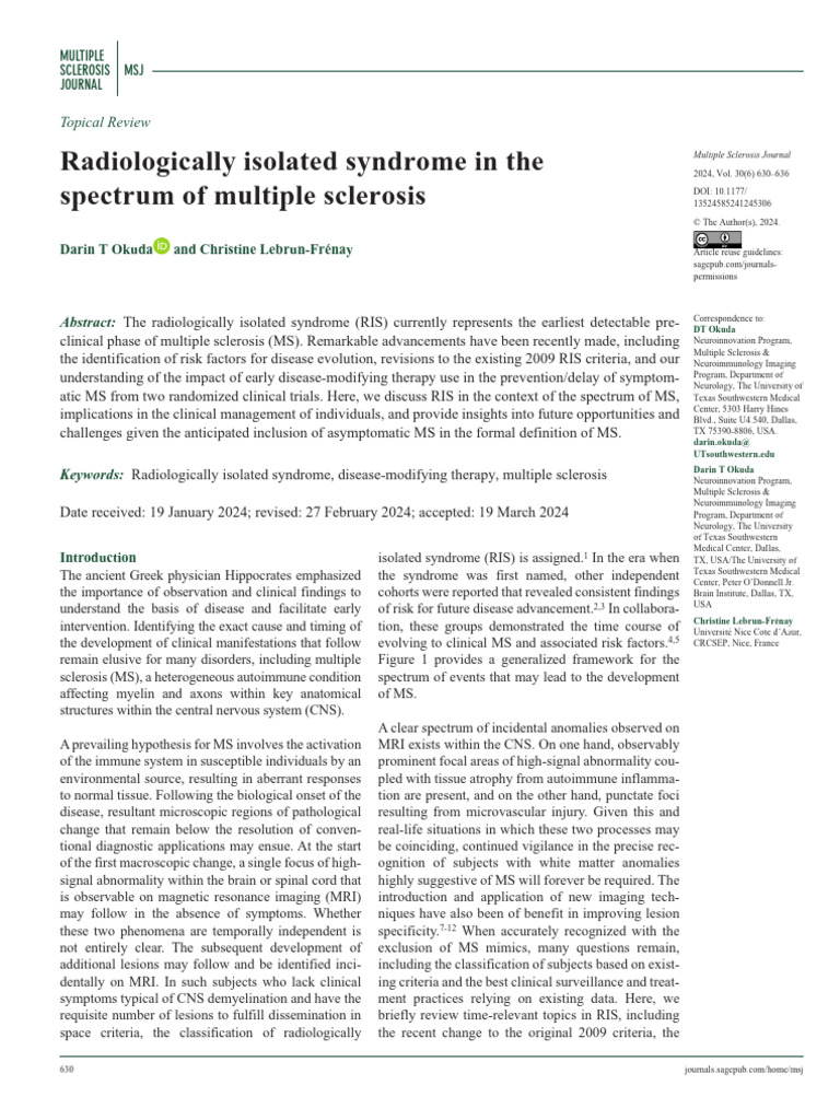 Radiologically Isolated Syndrome Insights | PDF | Multiple Sclerosis ...