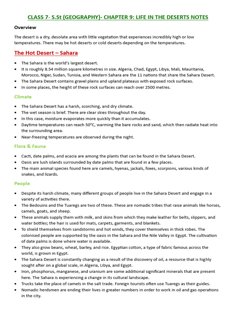CLASS 7- Life in a desert notes | PDF | Sahara | Desert