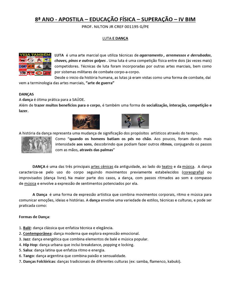 8 Apost de DANÇA LUTA IV BIM | PDF | Danças | Artes Cênicas