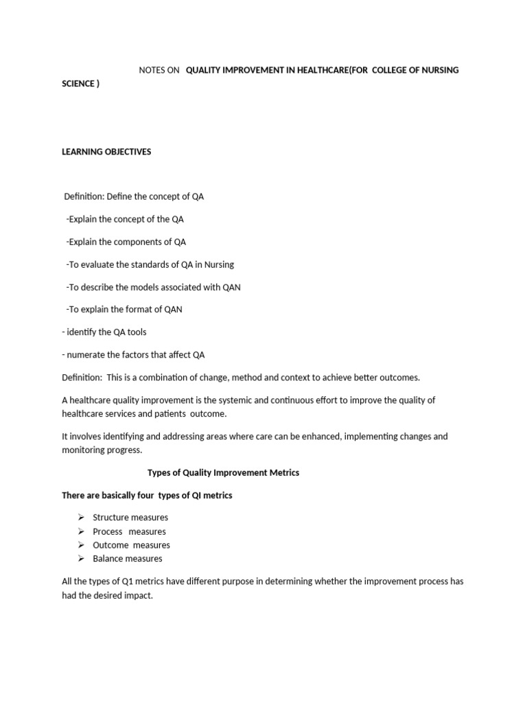 Quality Improvement in Healthcare Nursing | PDF | Health Care | Nursing