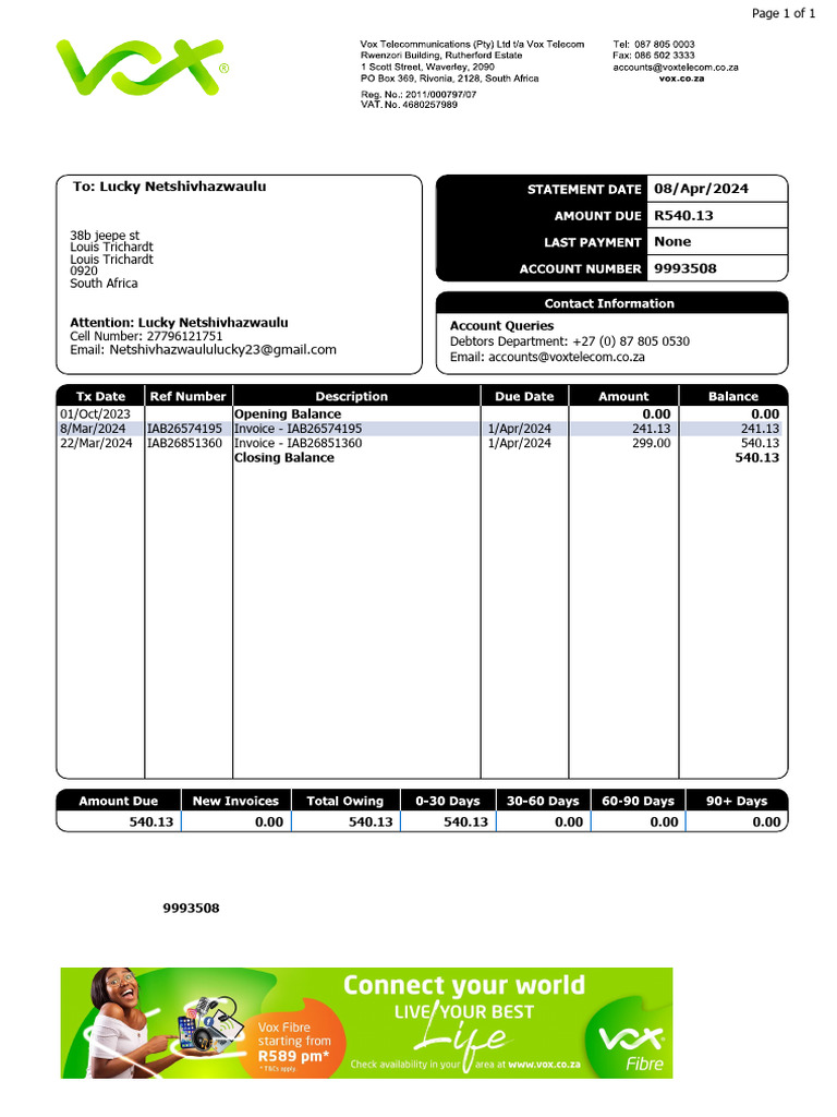 Vox Telecommunications Invoice Statement | PDF | Personal Finance ...