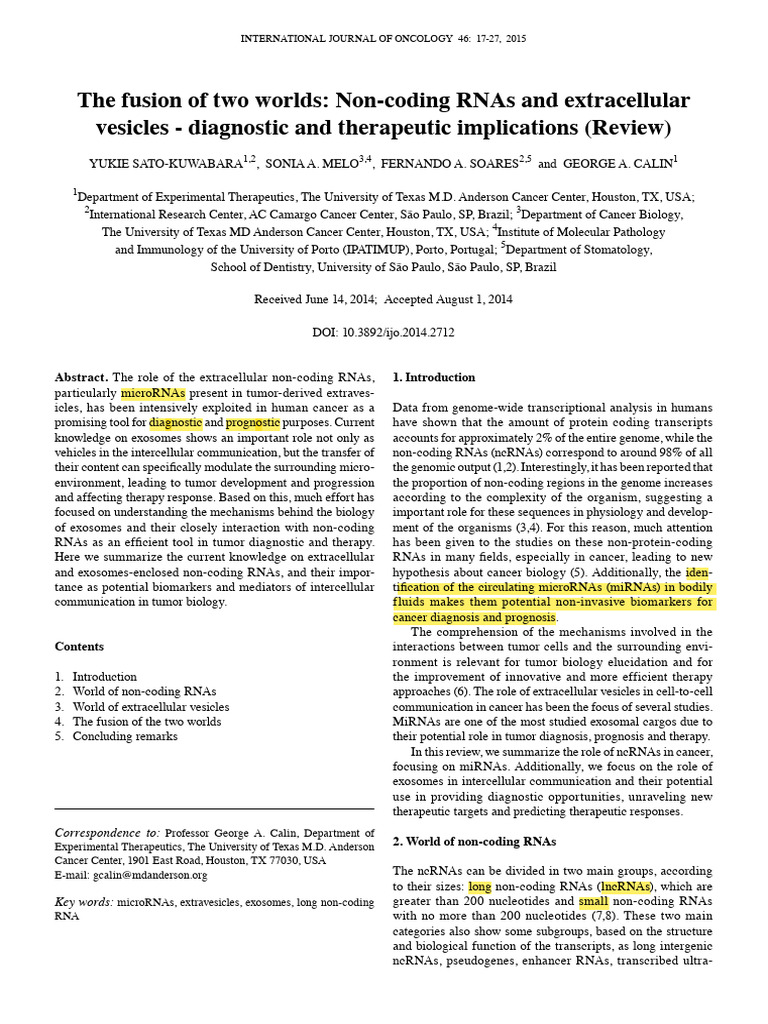 Non-Coding RNAs and Exosomes in Cancer | PDF | Micro Rna | Vesicle ...