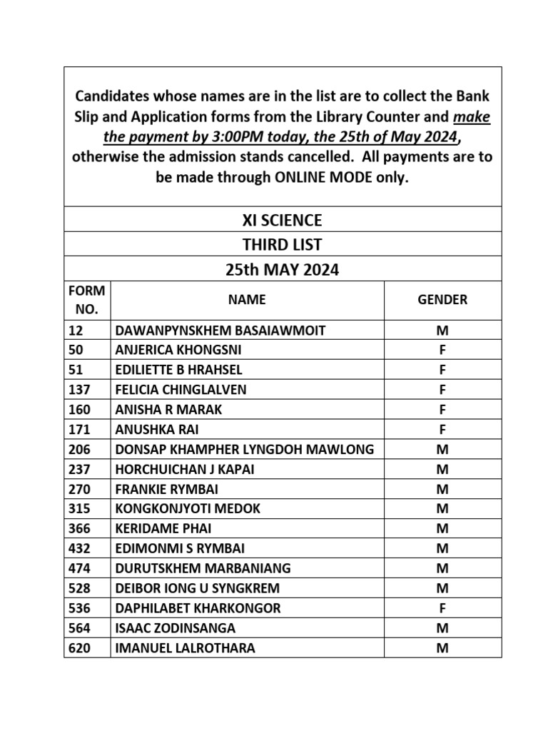 XI Science Admission Payment Notice | PDF