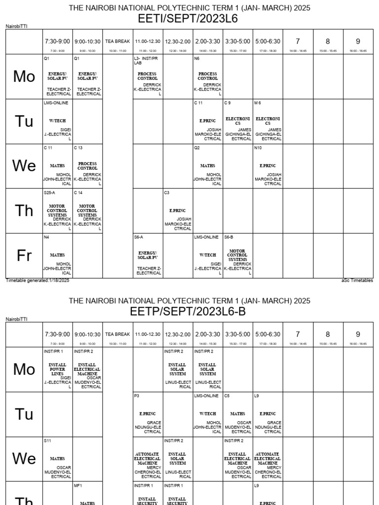 Nairobi Polytechnic Electrical Timetable | PDF
