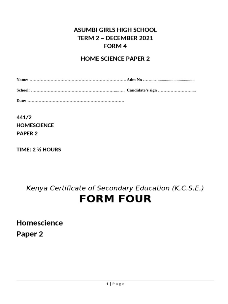 KCSE Home Science Paper 2 Guide | PDF