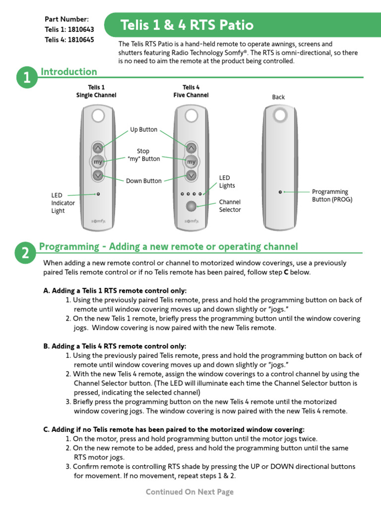 Somfy Tellis 4 RTS Controllers Patio Manual | PDF