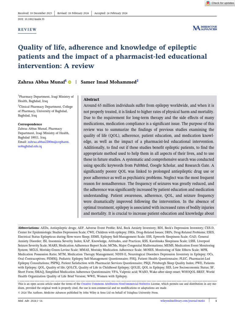 Quality of Life Adherence and Knowledge of Epileptic Patients and The ...