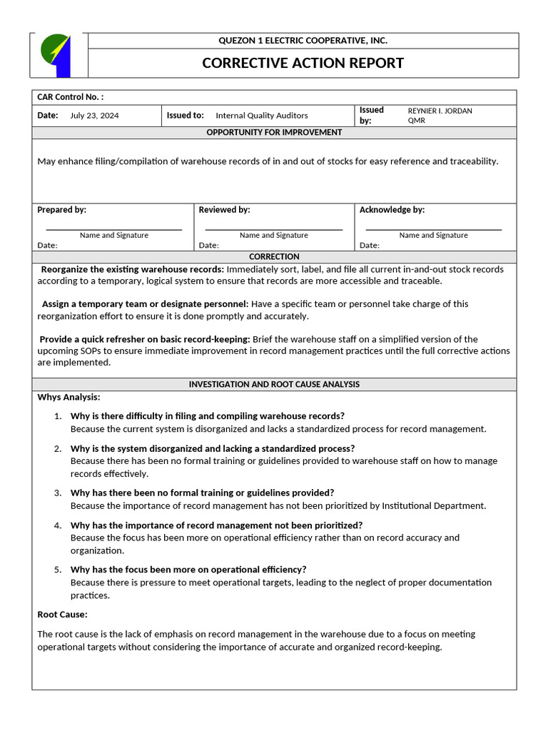 Corrective Action Report for Warehouse Management | PDF | Audit ...