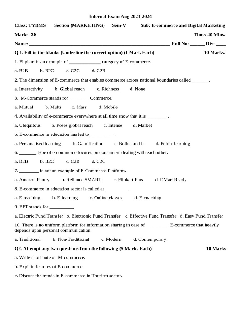 E-Commerce and Digital Marketing Sem V Internal Exam Aug 2023-24 | PDF