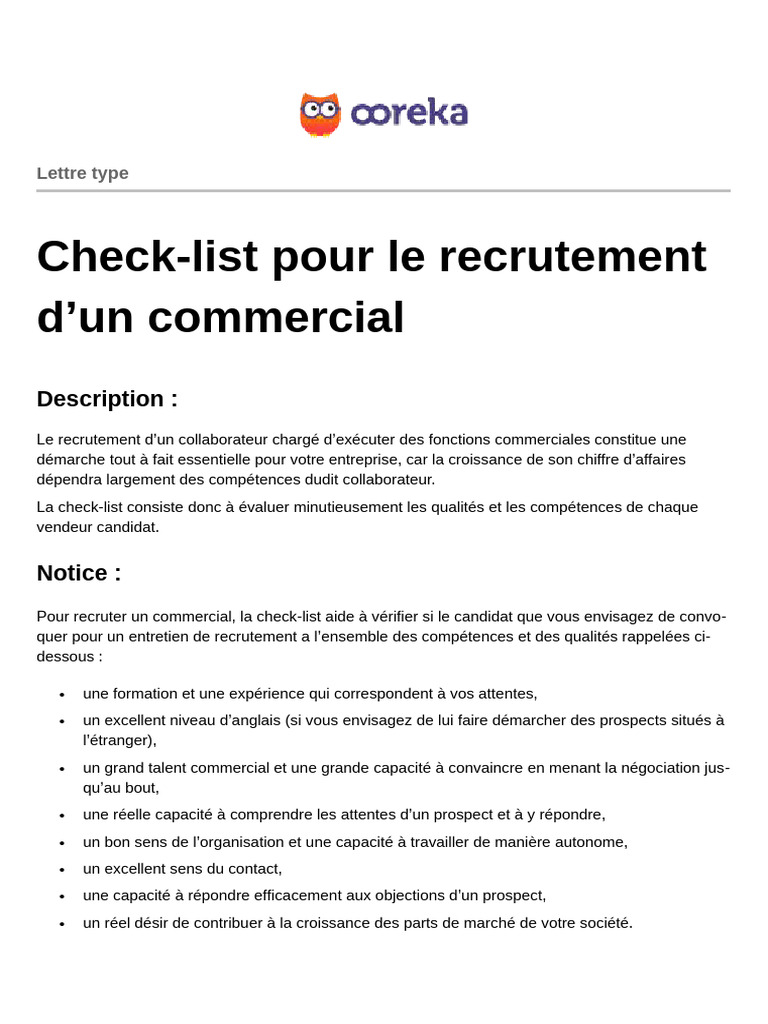 Check-list Recrutement Commercial | PDF | Recrutement