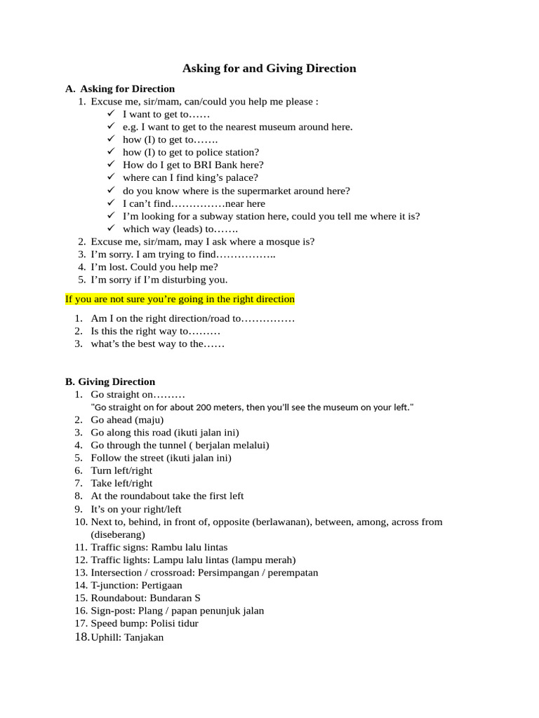 Asking For and Giving Direction | PDF