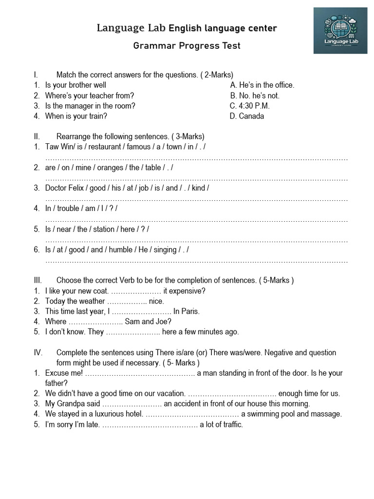 Language Lab English Language Center Grammar Progress Test 1 | PDF ...