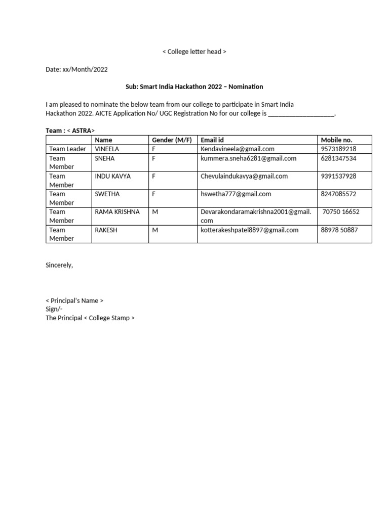 College Authorization Letter - SIH2022 CSE-A 2nd YEAR-1 | PDF