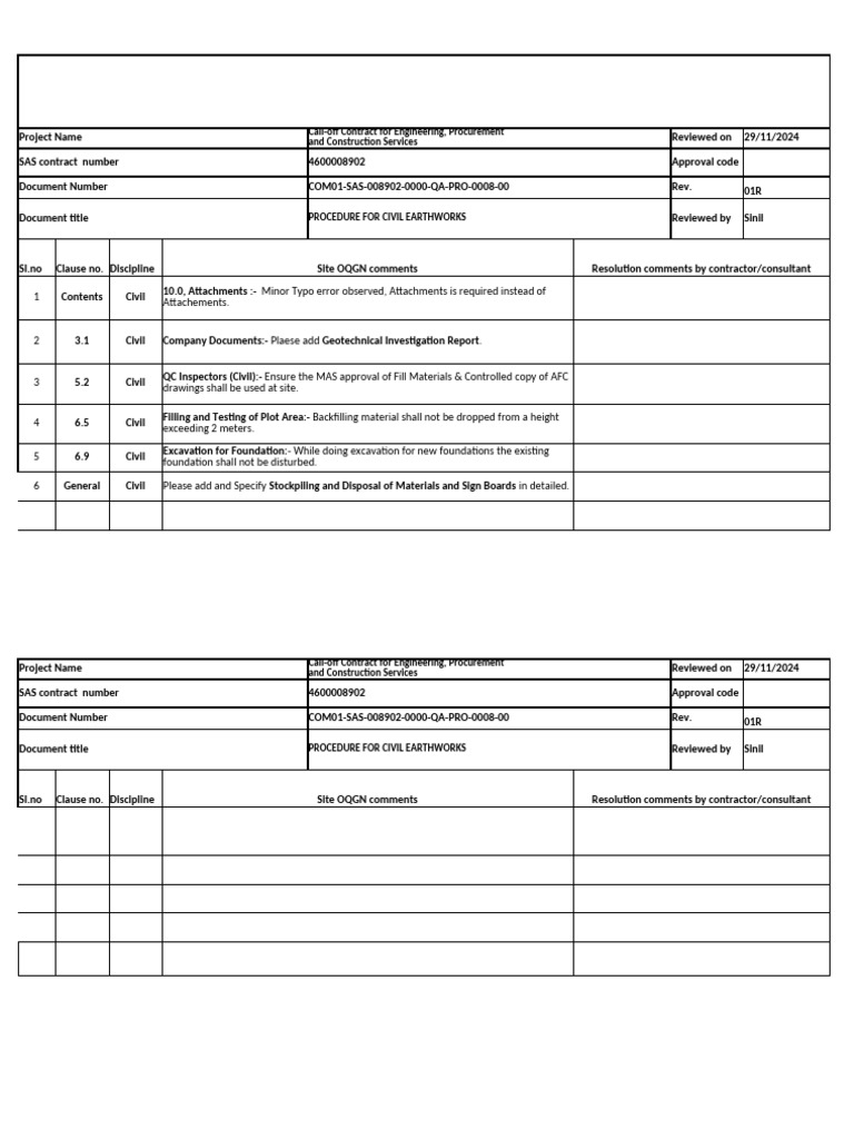 Civil Earthworks Procedure Document | PDF