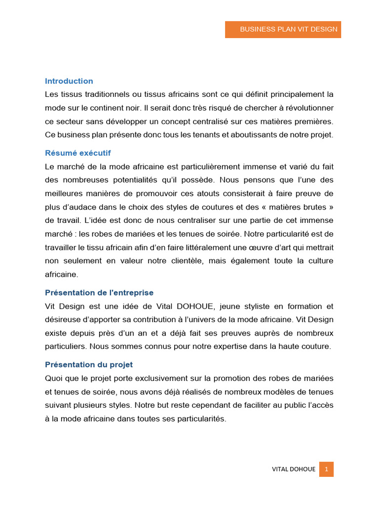 Business Plan pour Vit Design | PDF | Commercialisation | Afrique