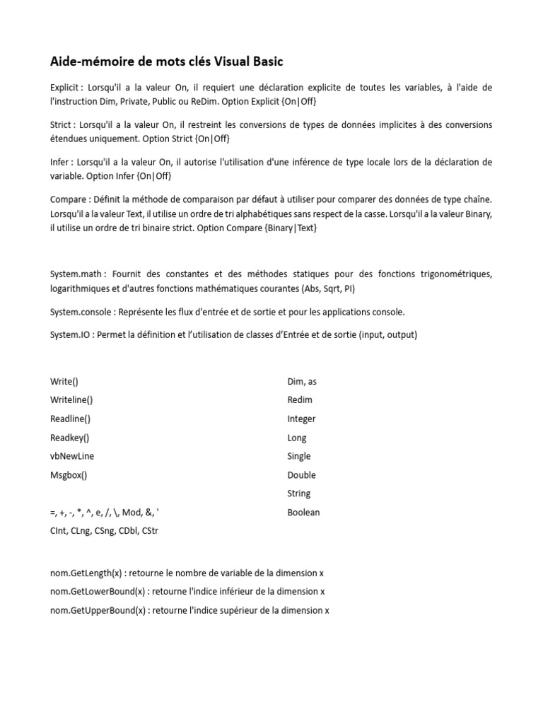 Aide-mémoire Visual Basic essentiel | PDF | Chaîne de caractères ...