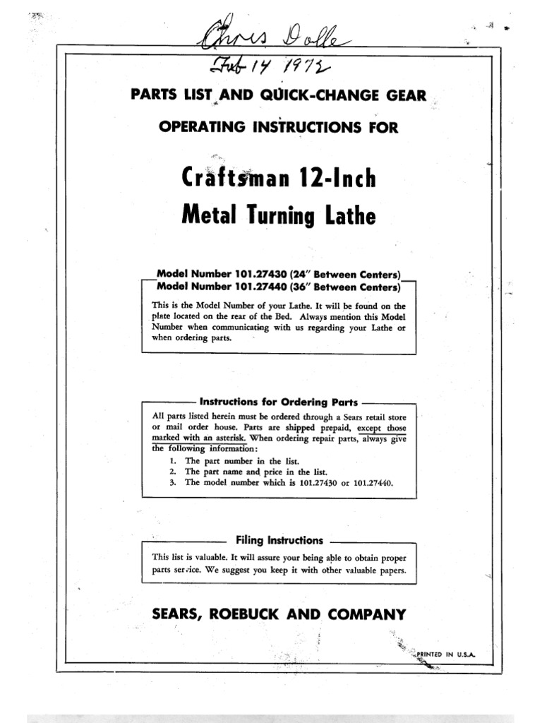 Atlas Craftsman 12 in Lathe Parts Diagram