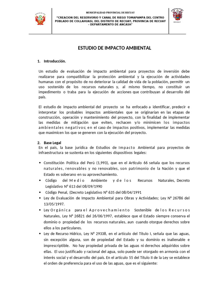 Estudio de Impacto Ambiental en Recuay | PDF | Riego | Reservorio