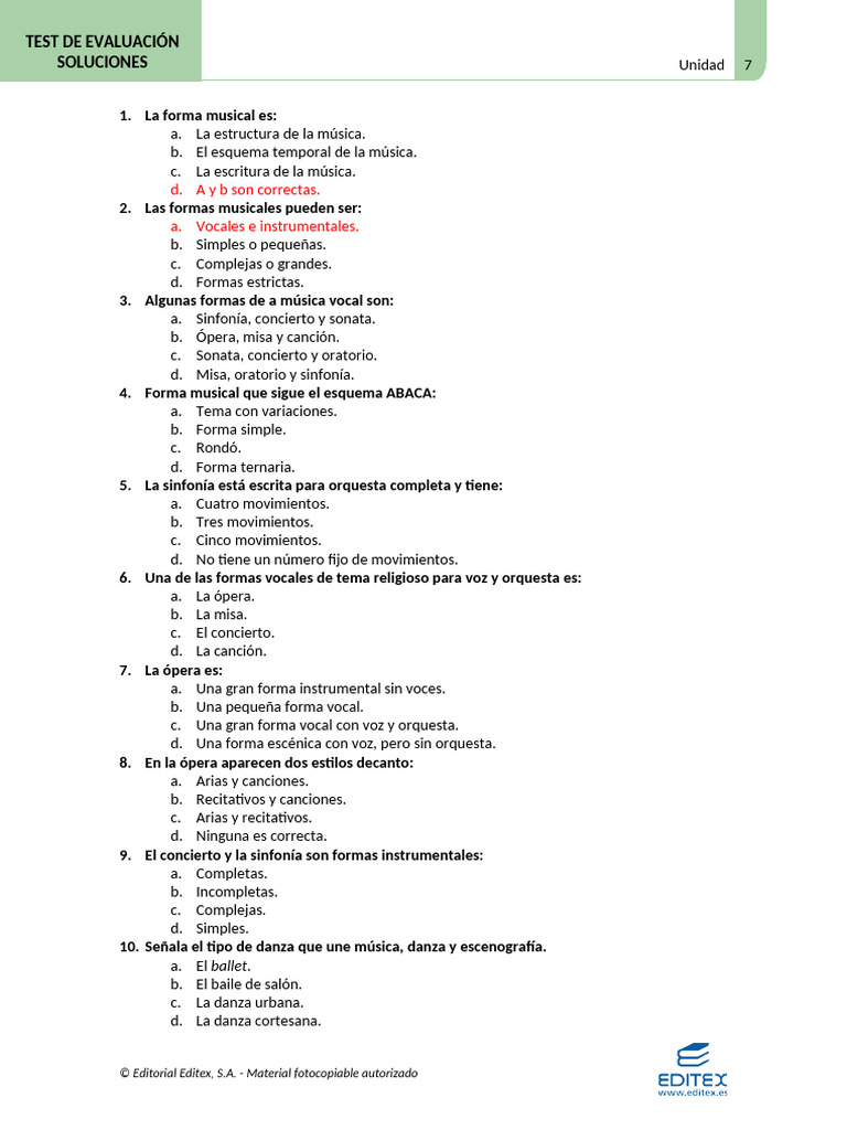 Test de Evaluación sobre Formas Musicales | PDF | Canciones | Bailes