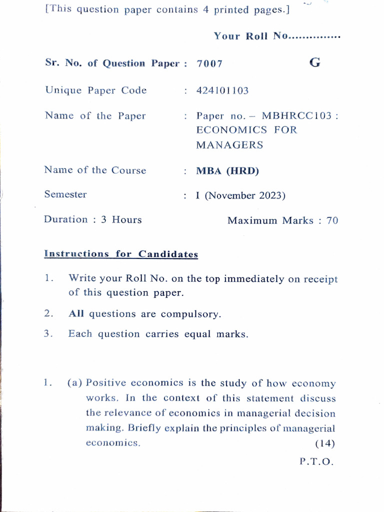 MBA Economics for Managers Exam Paper | PDF | Cost Of Living | Economics