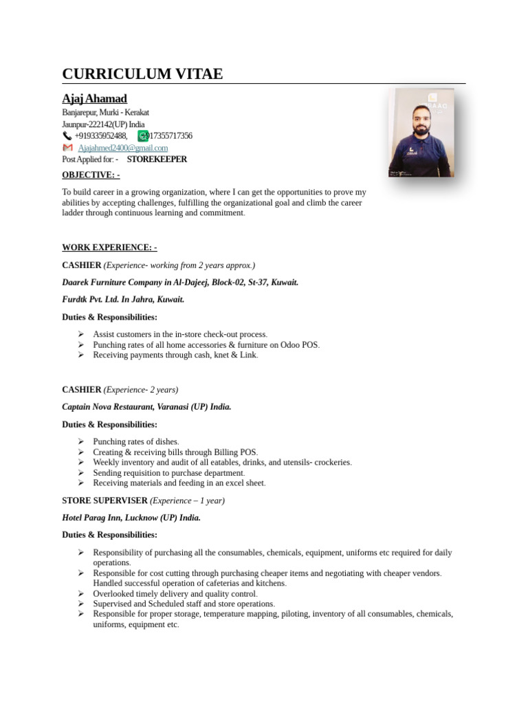 Storekeeper CV: Ajaj Ahamad | PDF
