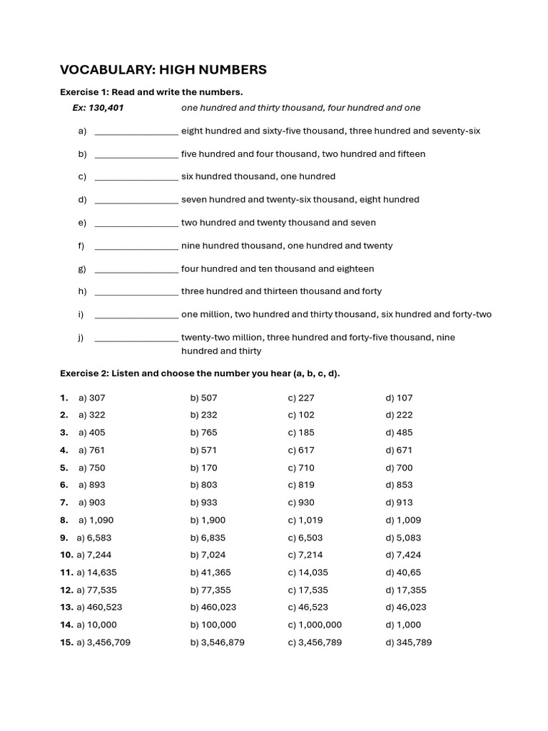 High Numbers Vocabulary Exercises | PDF