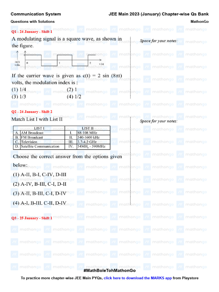 Communication System - JEE Main 2023 January Chapter Wise Questions by ...