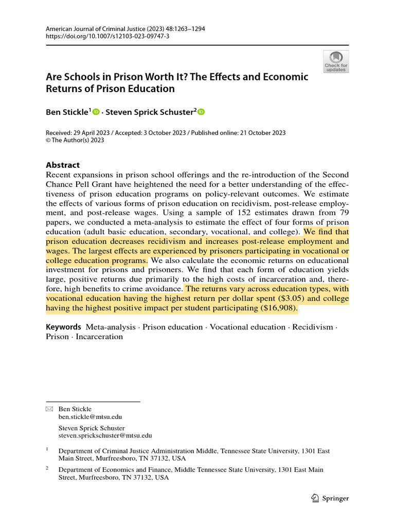 Impact of Prison Education on Recidivism | PDF | Incarceration In The ...