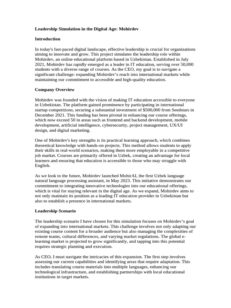 Mohirdev Leadership Simulation Overview | PDF | Collaboration | Simulation