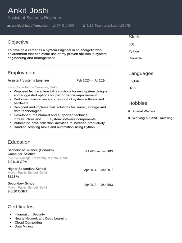 Assistant Systems Engineer Resume | PDF