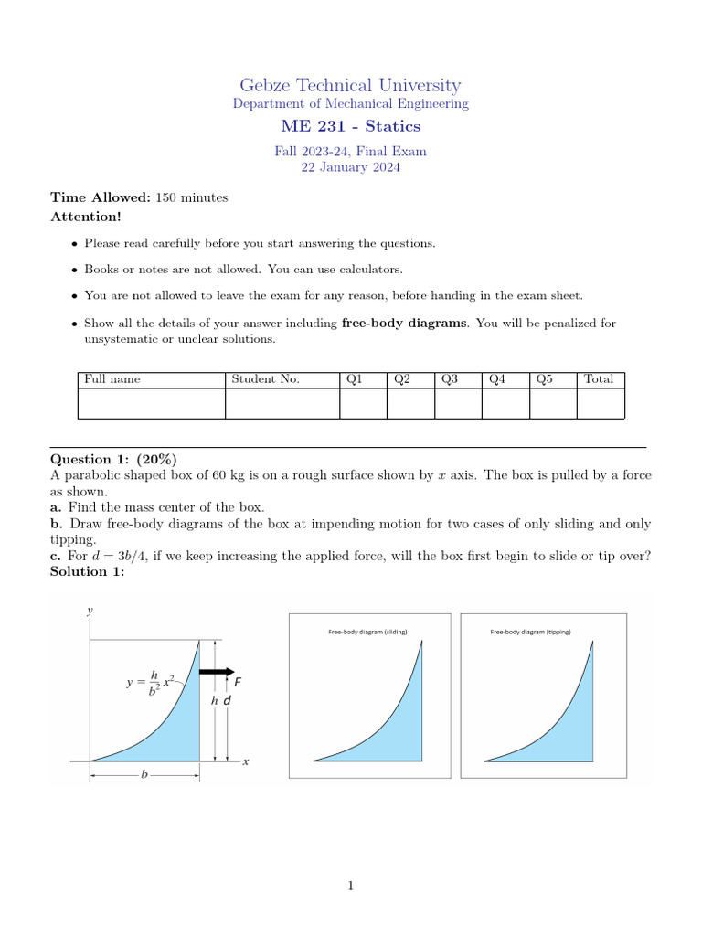 ME 231 Statics Final Exam 2024 | PDF | Beam (Structure) | Force