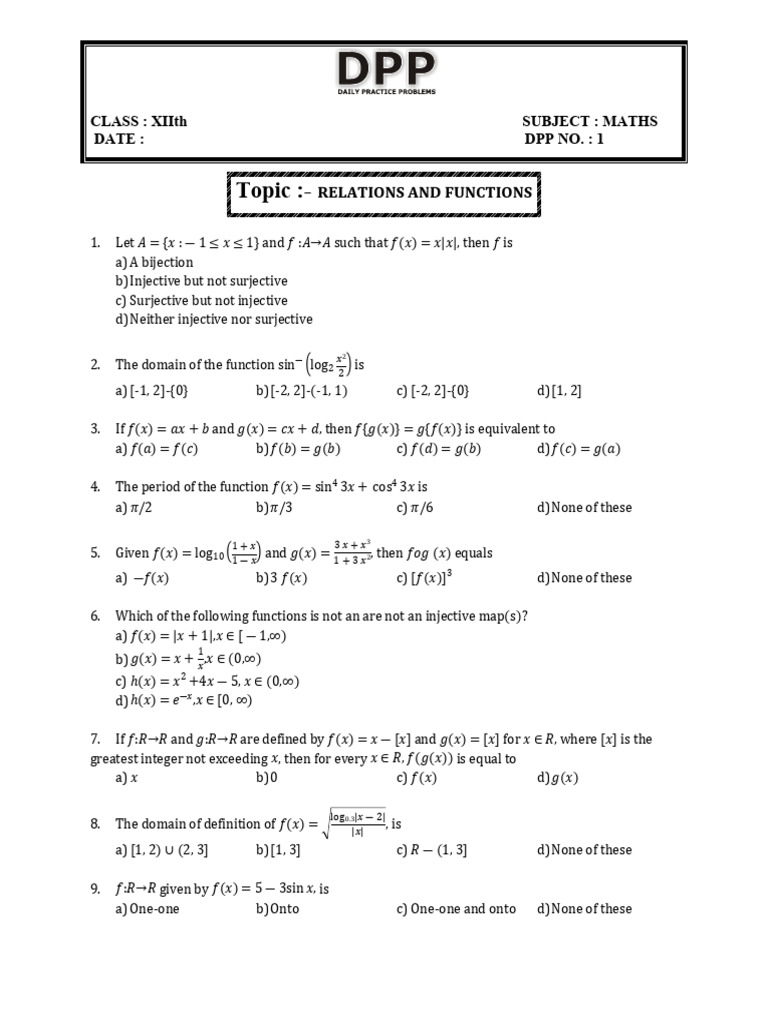 Class XII Maths: Functions Quiz | PDF | Function (Mathematics ...