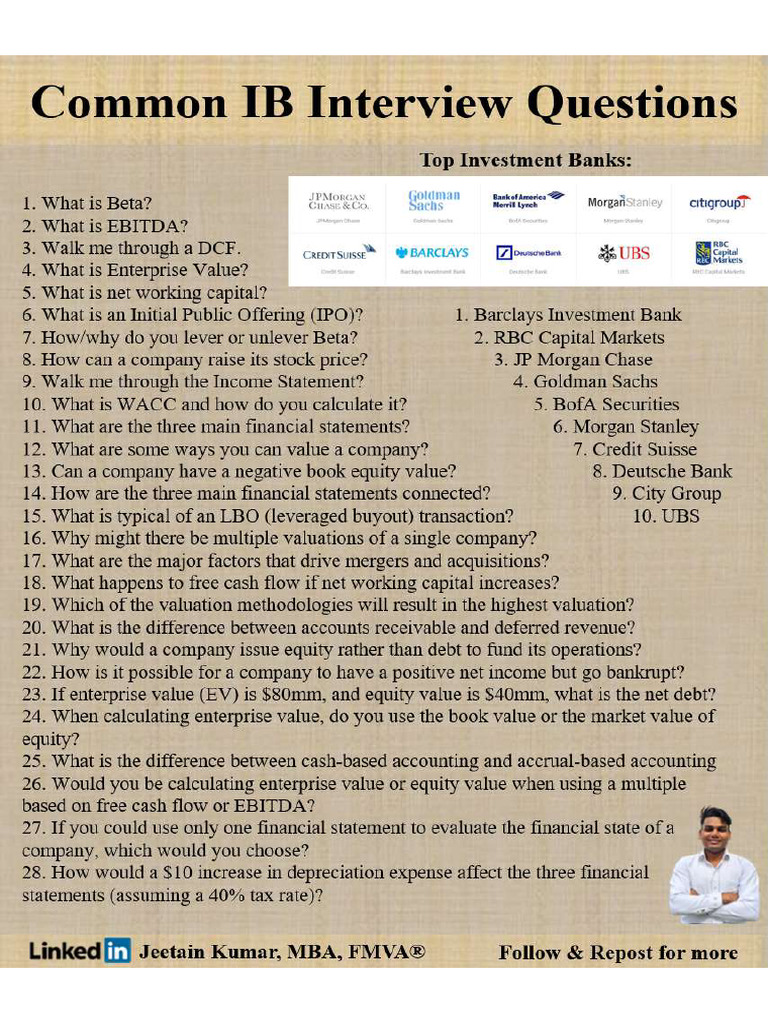 IB & Finance Interview Questions | PDF