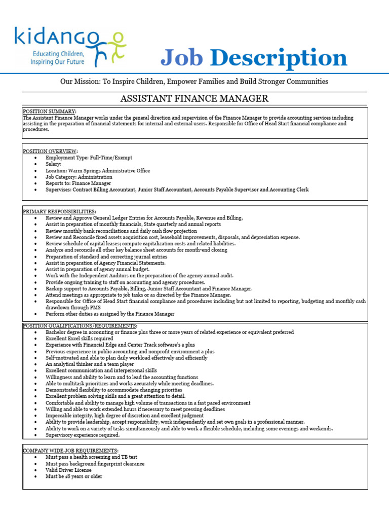 Assistant Finance Manager Job Overview | PDF | Financial Statement ...