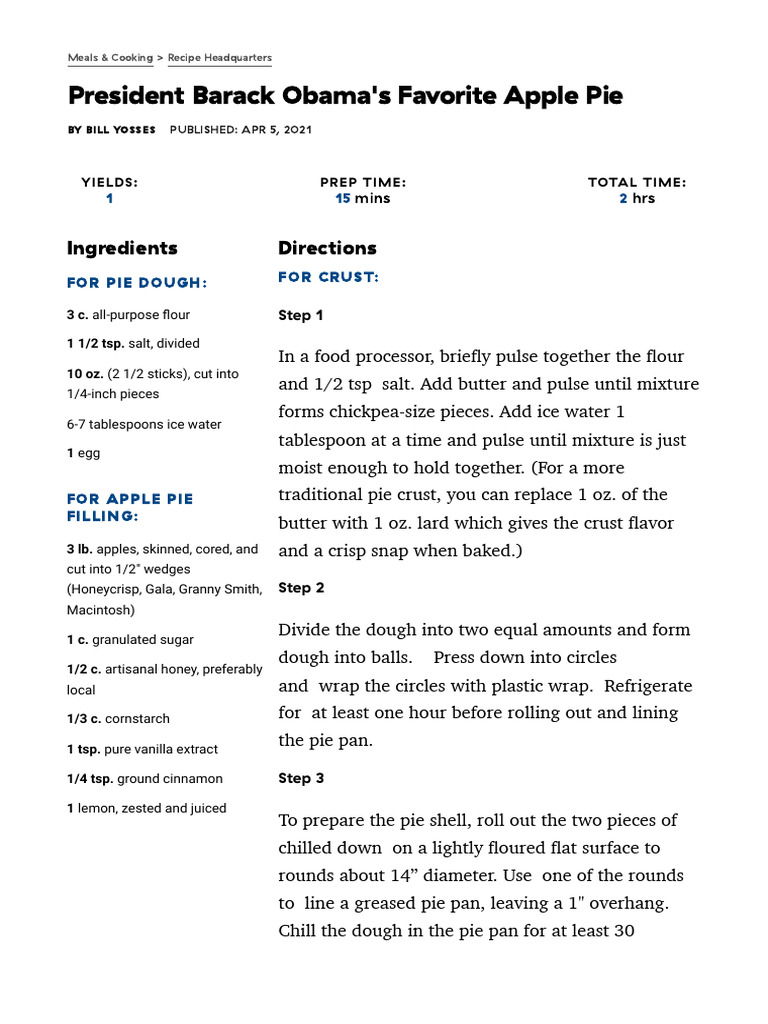 How To Make President Barack Obama's Favorite Apple Pie PDF Breads