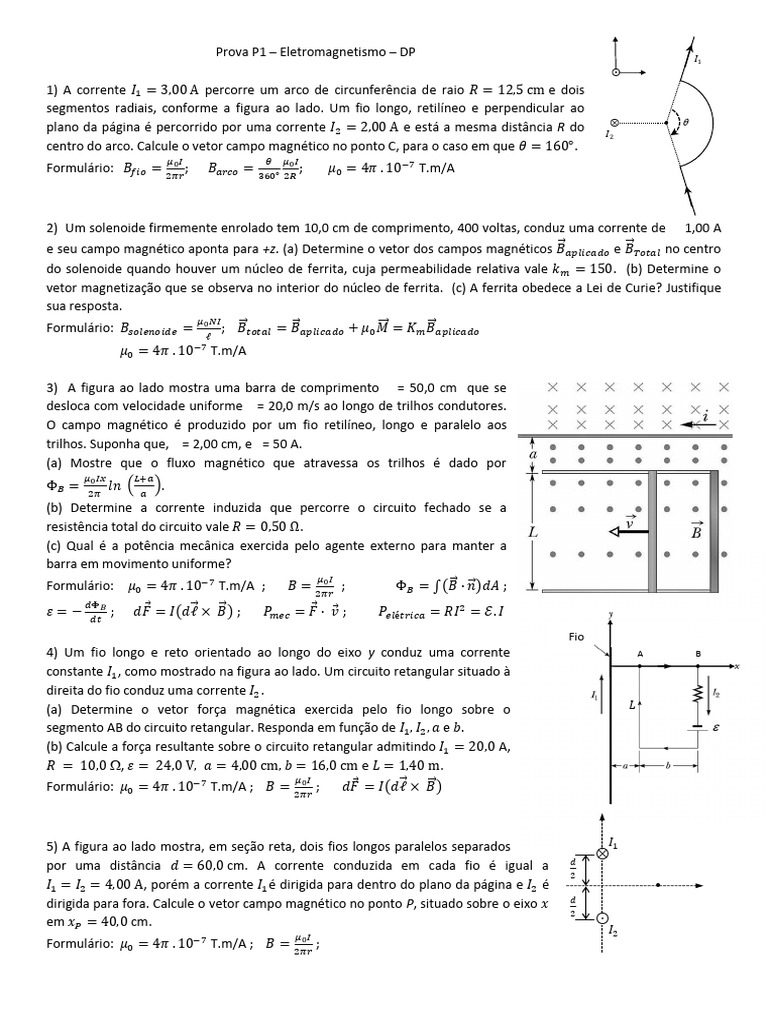 Prova P1: Cálculos em Eletromagnetismo | PDF | Magnetismo | Campo magnético