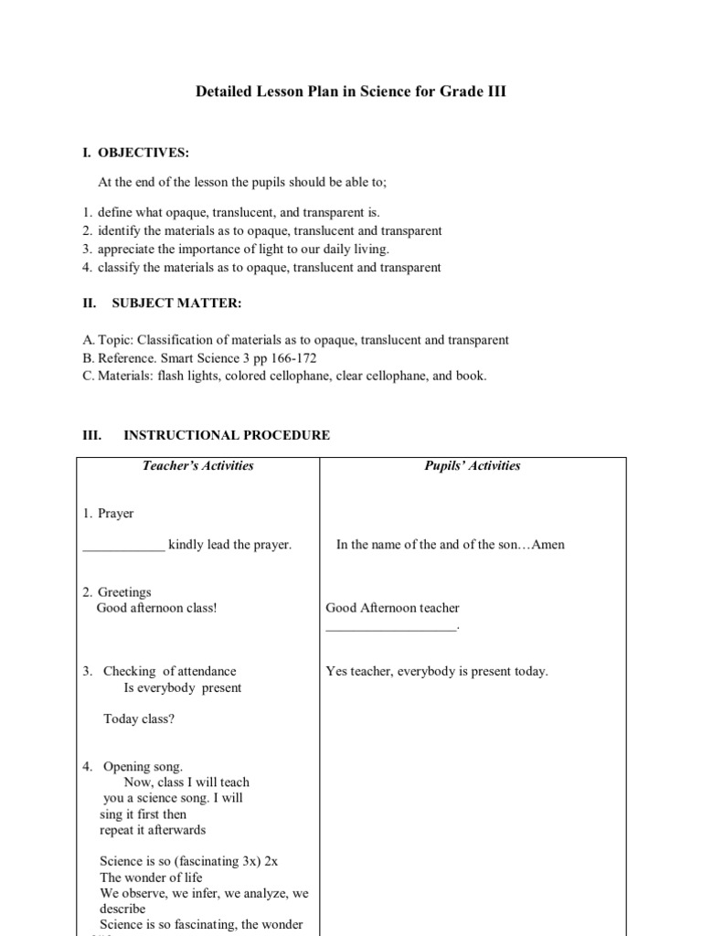 Lesson Plan For Grade 3 Science