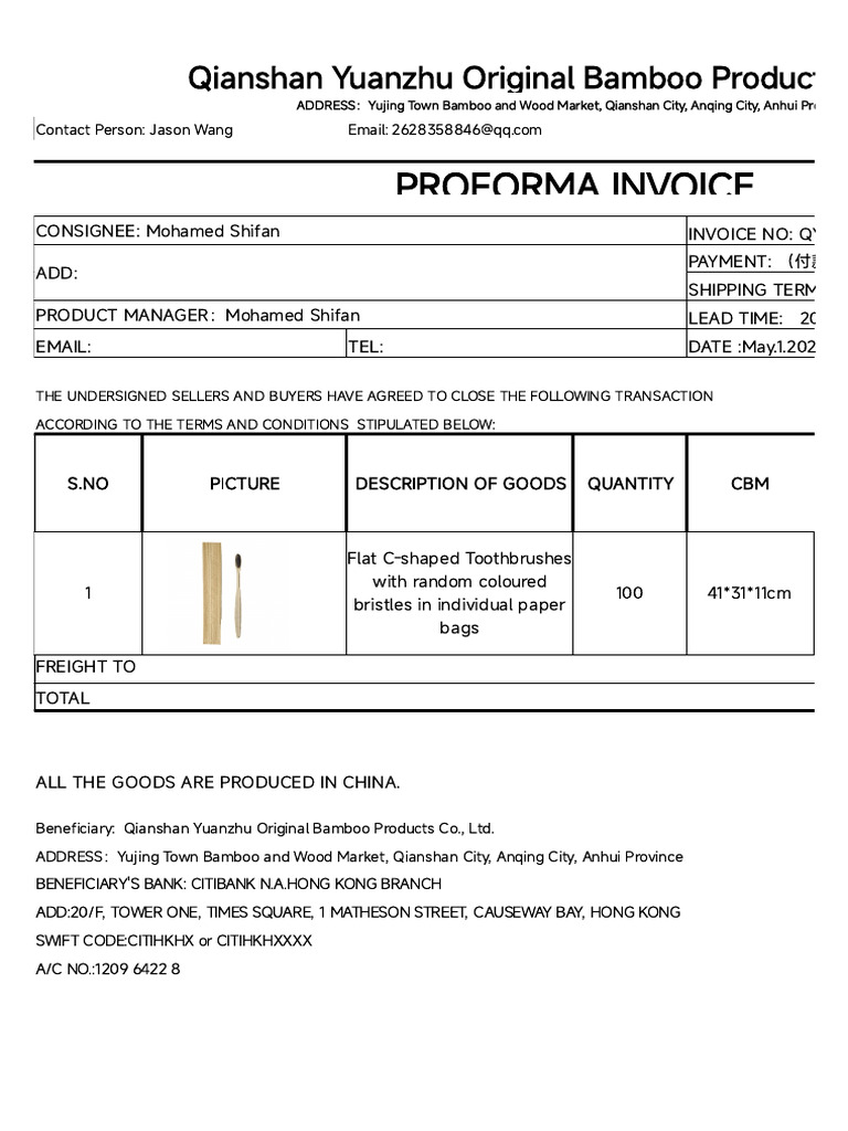 Bamboo Toothbrush Proforma Invoice | PDF