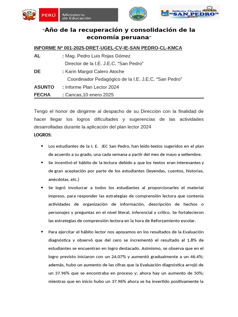 Informe sobre el Plan Lector 2024 | PDF | Comprensión lectora | Cognición
