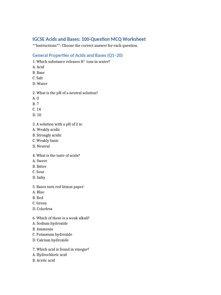 IGCSE Acids and Bases MCQ Worksheet | PDF | Acid | Salt (Chemistry)