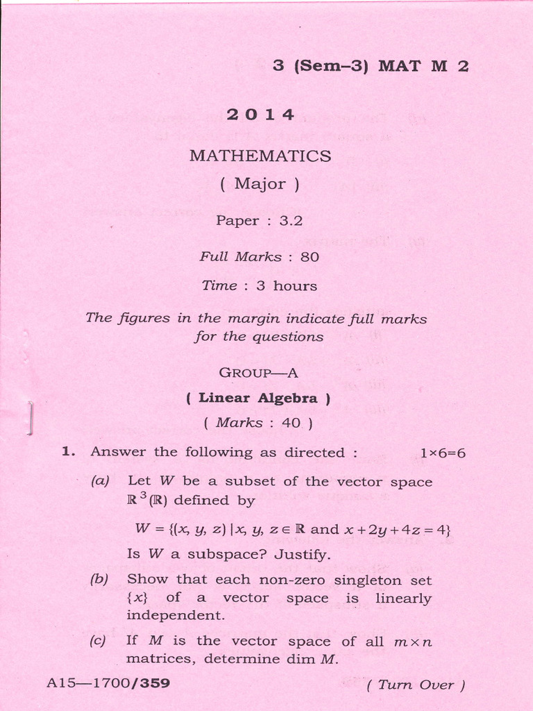 BSC Mathematics M Sem 3 Paper 3.2 2014 | PDF | Linear Subspace | Vector ...