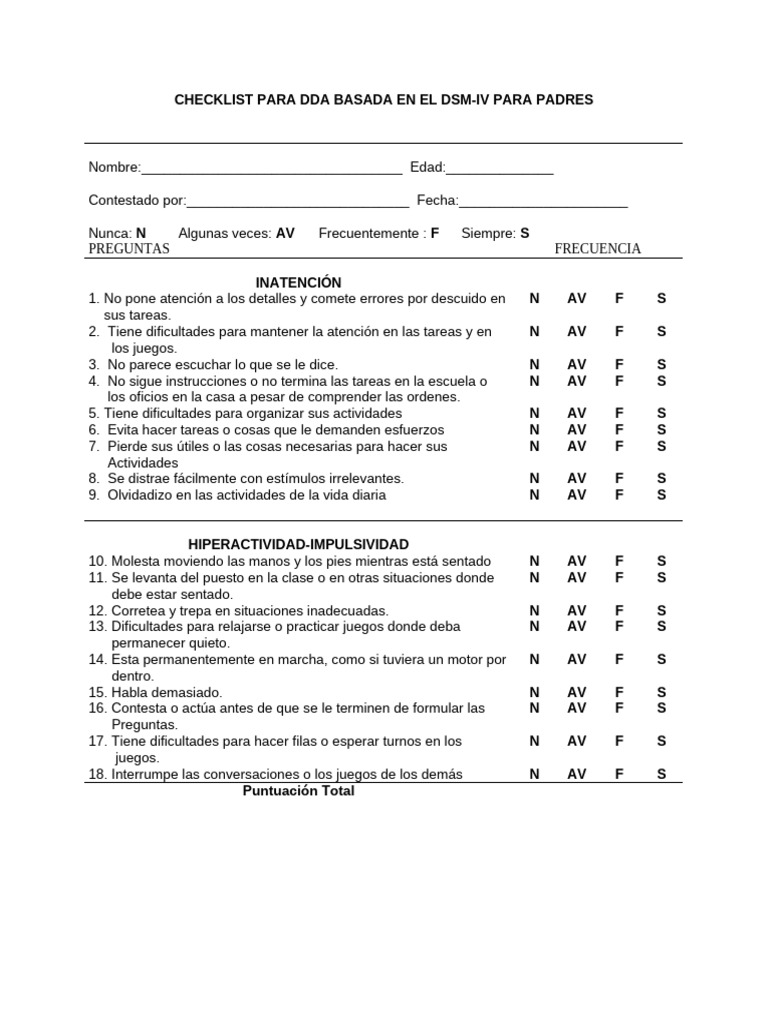 Checklist DDA para Padres DSM-IV | PDF