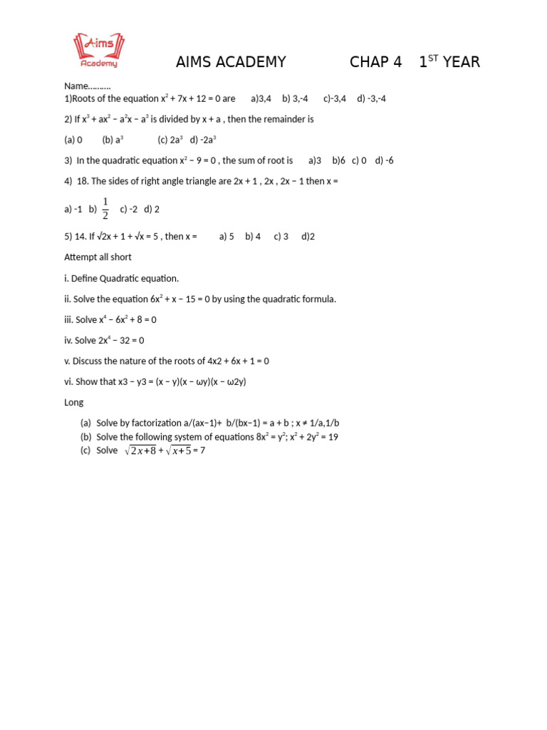 1ST Year Chap 4 | PDF