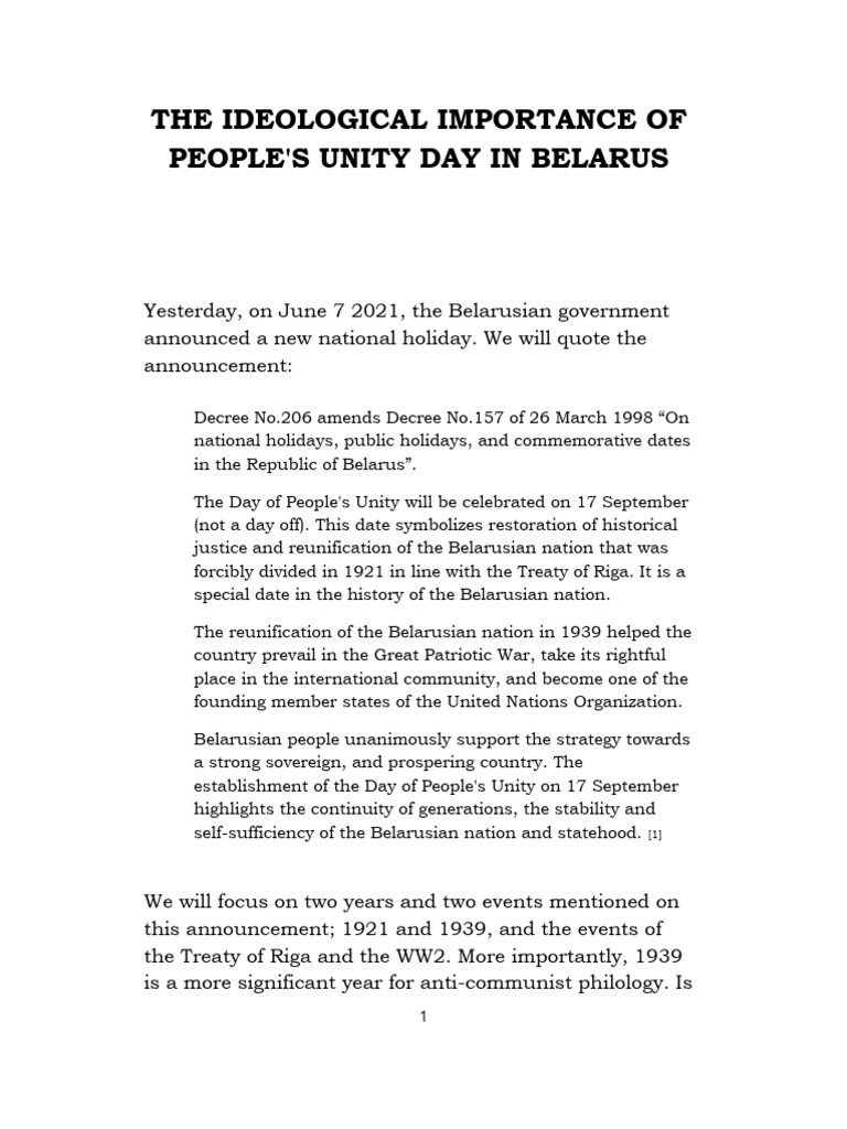 The Ideological Importance of People's Unity Day in Belarus | PDF ...