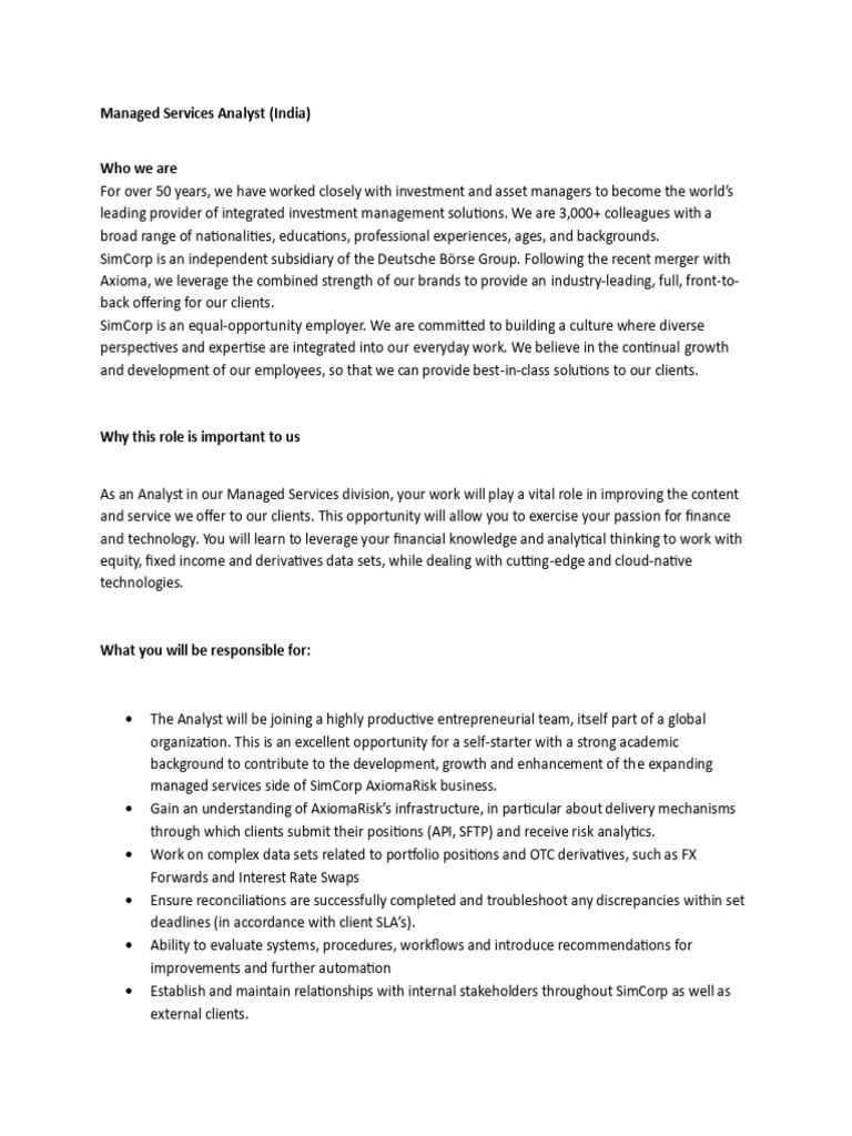 Managed Services Analyst Role in India | PDF | Derivative (Finance ...