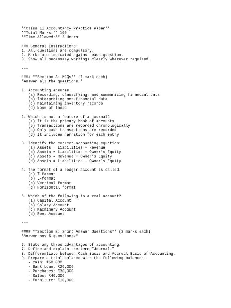 Class 11 Accountancy Practice Paper | PDF | Debits And Credits | Money
