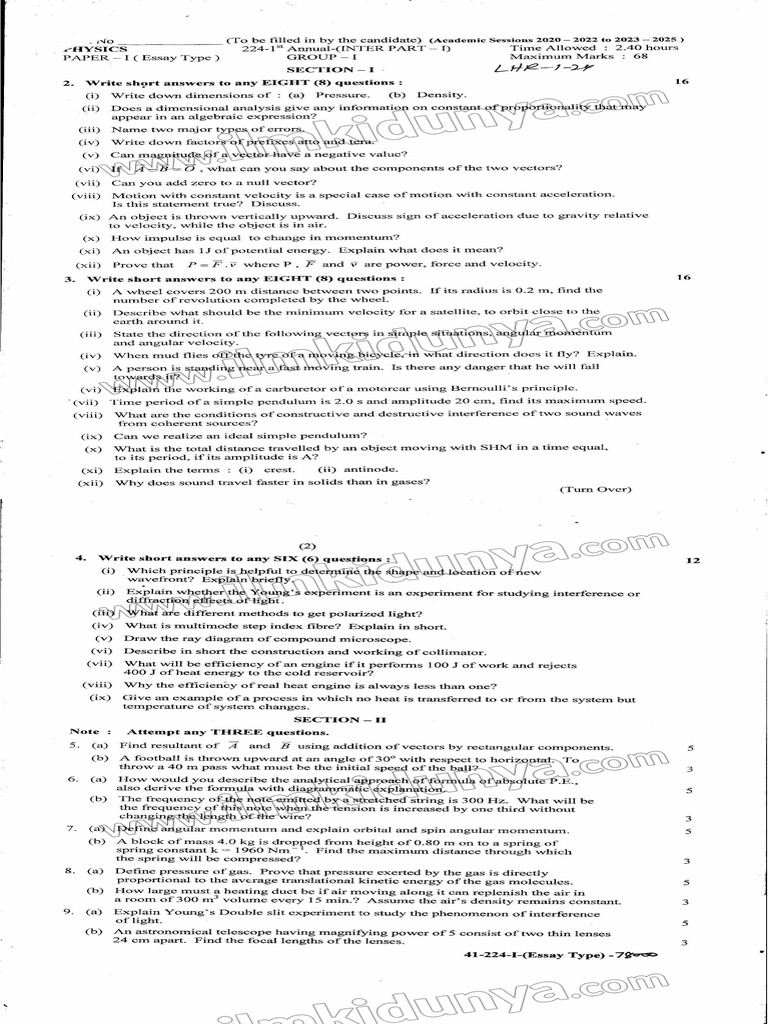 Past paper 2024 lahore board class 11th physics group i subjective pdf