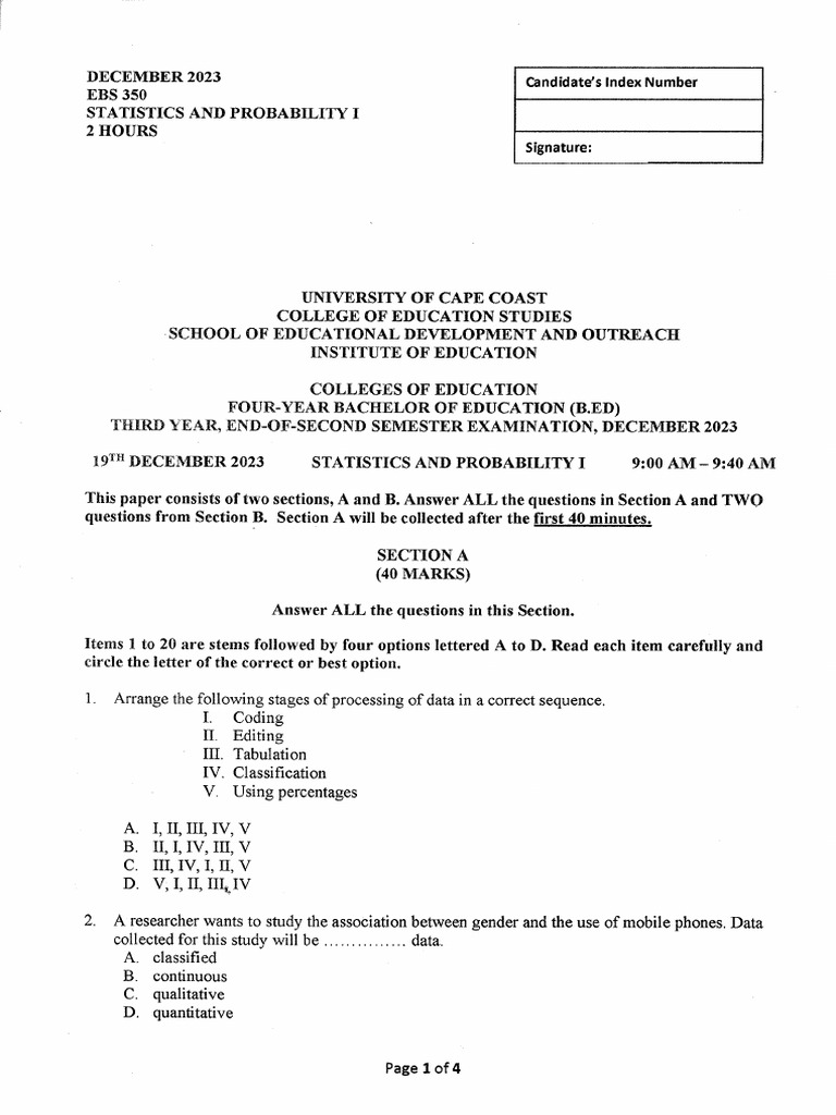 Statistics and Probability I - 2023 End of Sem - Sect A (3) | PDF